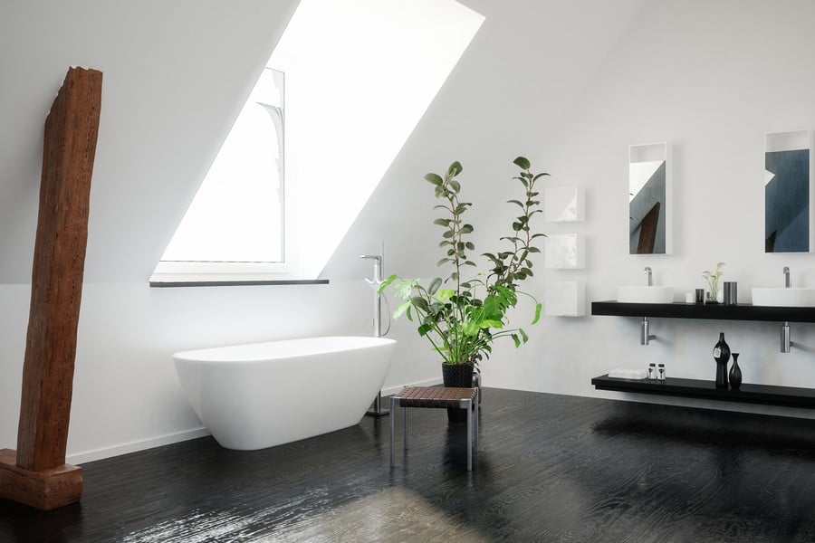 modern stylish black and white attic bathroom